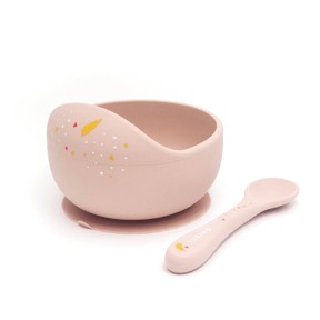 寶寶學習餐具-矽膠碗匙組-莫蘭迪粉